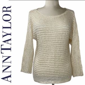 Shimmering Knit Sweater Woven Neutral Cream Gold Glitter Career Dressy Womens XS